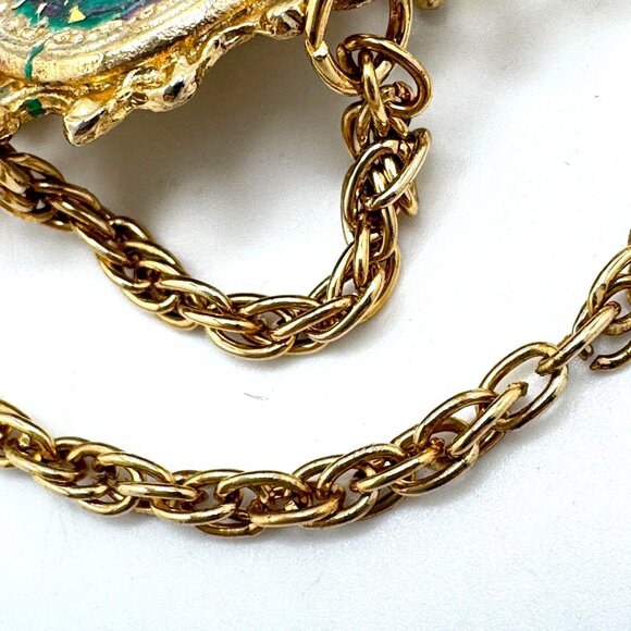 Vtg Gold Tone Filigree Brooch Colorful Mosaic Center & Dangling Chain Accents - Picture 6 of 9